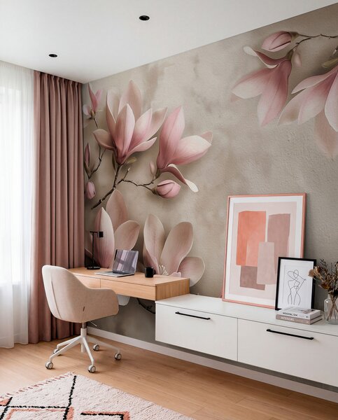Tapet Delicate magnolii roz pe un perete de beton în tonuri sepia, Fototapet Flori, w08636v2 : Uwalls.ro