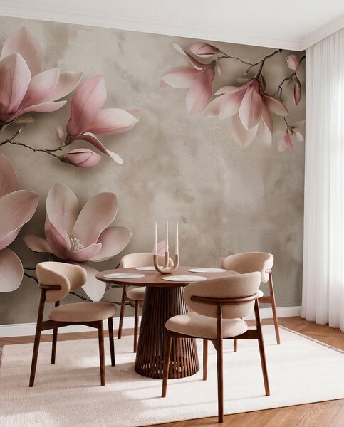 Tapet Delicate magnolii roz pe un perete de beton în tonuri sepia, Fototapet Flori, w08636v2 : Uwalls.ro