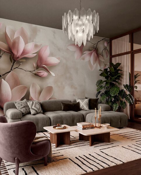 Tapet Delicate magnolii roz pe un perete de beton în tonuri sepia, Fototapet Flori, w08636v2 : Uwalls.ro