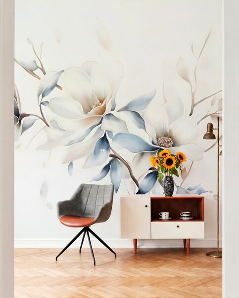 Tapet Delicate flori albe magnolia cu petale albastru moale pe un fundal de lumină acuarelă imitație minimalism , Fototapet Flori, w08644 : Uwalls.ro