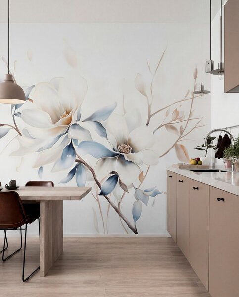 Tapet Delicate flori albe magnolia cu petale albastru moale pe un fundal de lumină acuarelă imitație minimalism , Fototapet Flori, w08644 : Uwalls.ro