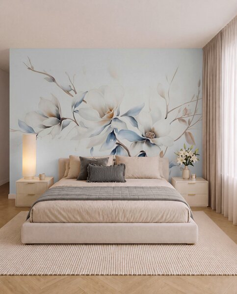 Tapet Delicate flori albe magnolia cu petale albastru moale pe un fundal de lumină acuarelă imitație minimalism , Fototapet Flori, w08644 : Uwalls.ro