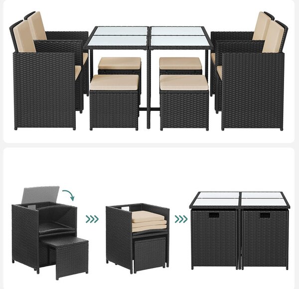 Set masa, scaune si tabureti gradina, Songmics, Negru, GGF009B02