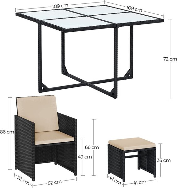 Set masa, scaune si tabureti gradina, Songmics, Negru, GGF009B02