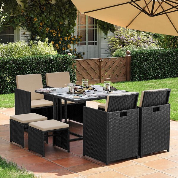 Set masa, scaune si tabureti gradina, Songmics, Negru, GGF009B02
