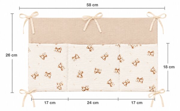 Organizator textil pentru patut Kidizi Teddy Tales – muselina 100% bumbac Oeko-Tex, 3 buzunare pentru depozitare