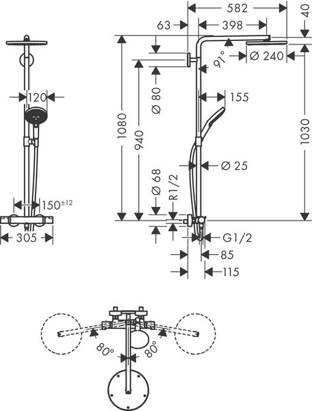 Hansgrohe Raindance set de duș perete cu termostat cu duș de ploaie crom 27633000