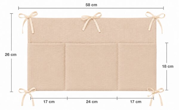 Organizator textil pentru patut Kidizi natur – muselina 100% bumbac Oeko-Tex, 3 buzunare pentru depozitare