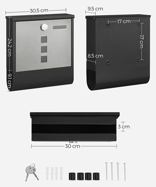 Cutie de scrisori Songmics, 24 x 30 cm, Black/Silver, compartiment pentru ziar
