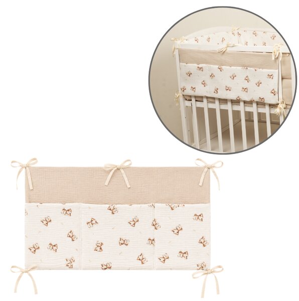 Organizator textil pentru patut Kidizi Teddy Tales – muselina 100% bumbac Oeko-Tex, 3 buzunare pentru depozitare
