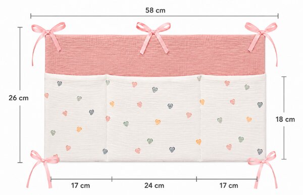 Organizator textil pentru patut Kidizi color Hearts – muselina 100% bumbac Oeko-Tex, 3 buzunare pentru depozitare