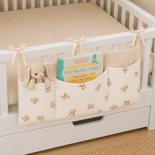 Organizator textil pentru patut Kidizi Teddy Tales – muselina 100% bumbac Oeko-Tex, 3 buzunare pentru depozitare
