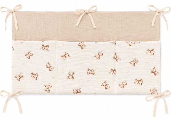 Organizator textil pentru patut Kidizi Teddy Tales – muselina 100% bumbac Oeko-Tex, 3 buzunare pentru depozitare