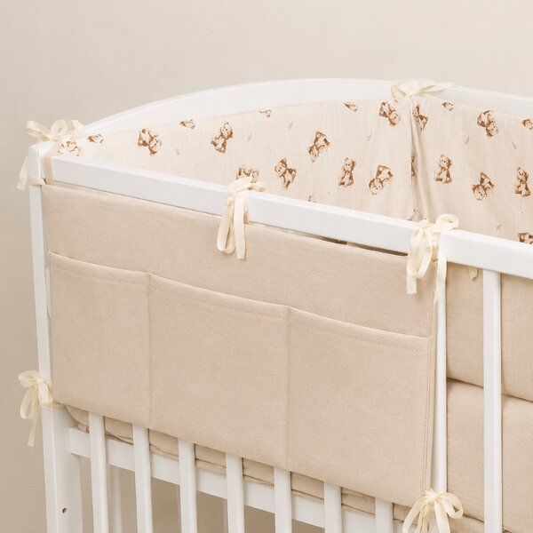 Organizator textil pentru patut Kidizi natur – muselina 100% bumbac Oeko-Tex, 3 buzunare pentru depozitare