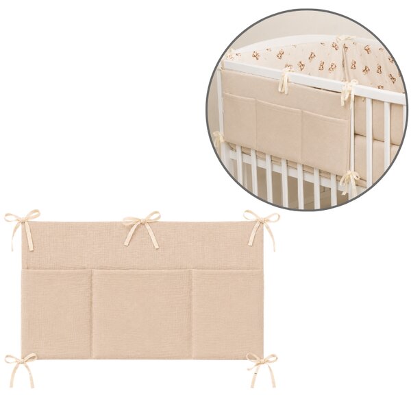 Organizator textil pentru patut Kidizi natur – muselina 100% bumbac Oeko-Tex, 3 buzunare pentru depozitare