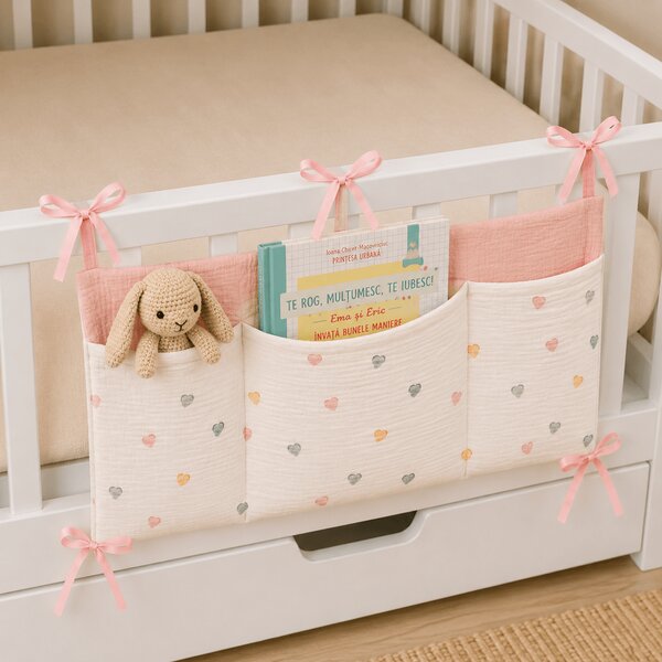 Organizator textil pentru patut Kidizi color Hearts – muselina 100% bumbac Oeko-Tex, 3 buzunare pentru depozitare