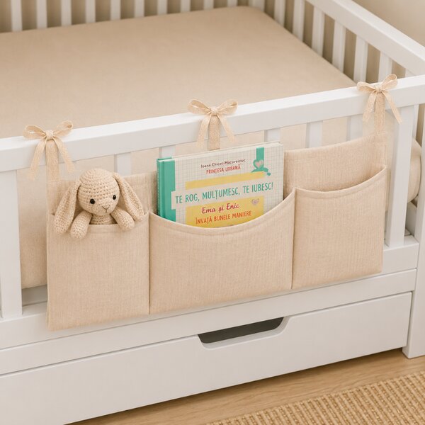 Organizator textil pentru patut Kidizi natur – muselina 100% bumbac Oeko-Tex, 3 buzunare pentru depozitare