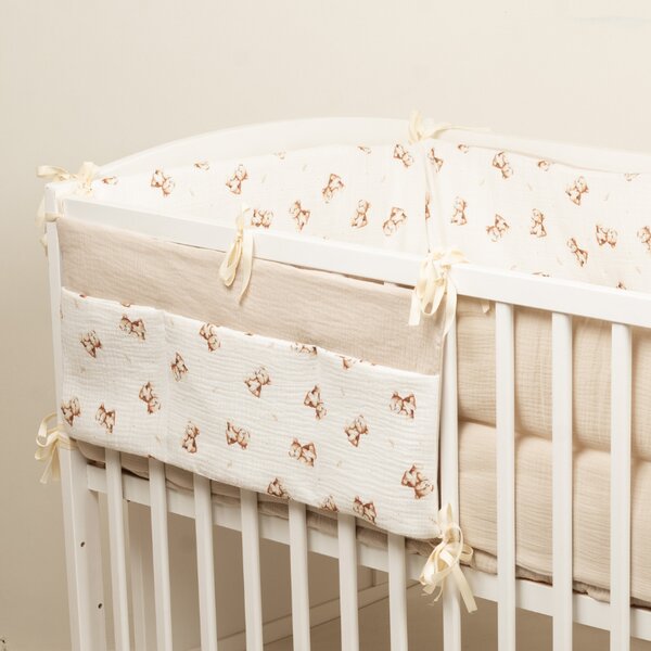 Organizator textil pentru patut Kidizi Teddy Tales – muselina 100% bumbac Oeko-Tex, 3 buzunare pentru depozitare