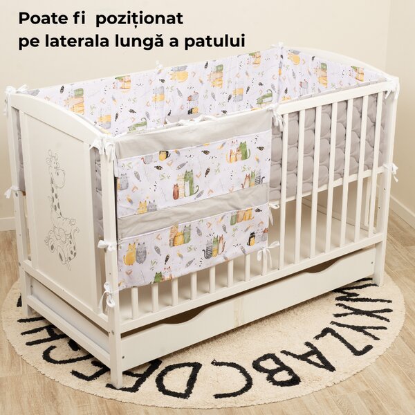 Organizator textil pentru patut bebe Kidizi Wiskers 60x60 cm – 7 buzunare, montare pe laterala lunga sau scurta, bumbac 100% Oeko-Tex