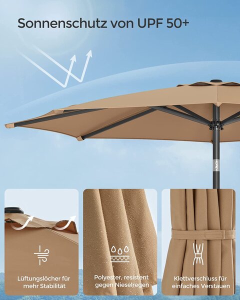Umbrela de soare, Songmics, 2,7 m, UPF 50+, Camel