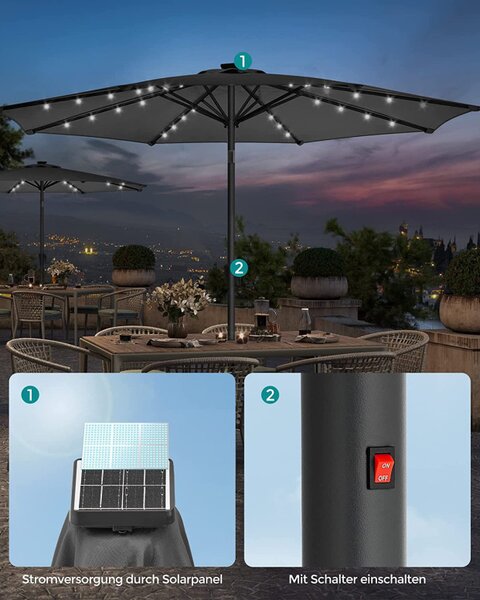 Umbrela de soare, Songmics, 30 grade, Led, UPF 50+, Gri