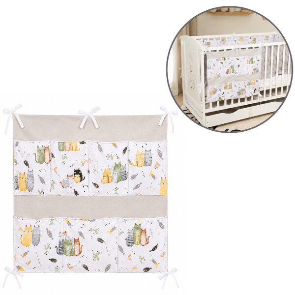 Organizator textil pentru patut bebe Kidizi Wiskers 60x60 cm – 7 buzunare, montare pe laterala lunga sau scurta, bumbac 100% Oeko-Tex