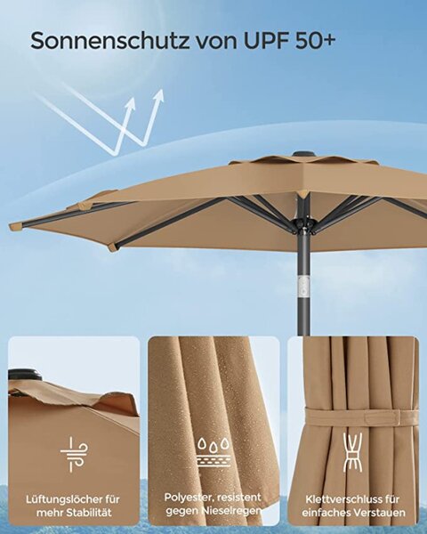 Umbrela de soare, Songmics, 30 grade, 210 cm, UPF 50+, Crem