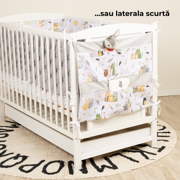 Organizator textil pentru patut bebe Kidizi Wiskers 60x60 cm – 7 buzunare, montare pe laterala lunga sau scurta, bumbac 100% Oeko-Tex