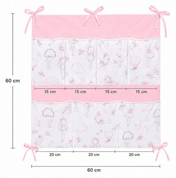 Organizator textil pentru patut bebe Kidizi Fiary Clouds 60x60 cm – 7 buzunare, montare pe laterala lunga sau scurta, bumbac 100% Oeko-Tex