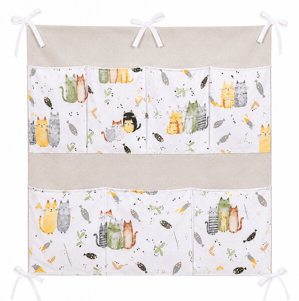 Organizator textil pentru patut bebe Kidizi Wiskers 60x60 cm – 7 buzunare, montare pe laterala lunga sau scurta, bumbac 100% Oeko-Tex
