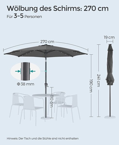 Umbrela de soare, Songmics, 30 grade, Led, UPF 50+, Gri