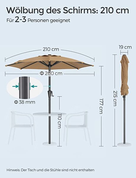 Umbrela de soare, Songmics, 30 grade, 210 cm, UPF 50+, Crem