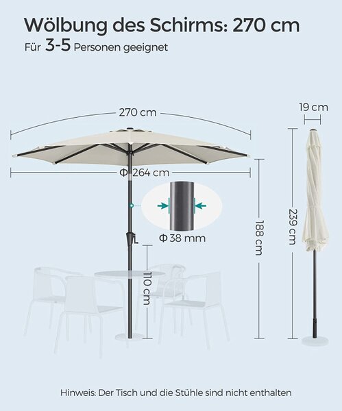 Umbrela de soare, Songmics, 2,7 m, UPF 50+, Crem