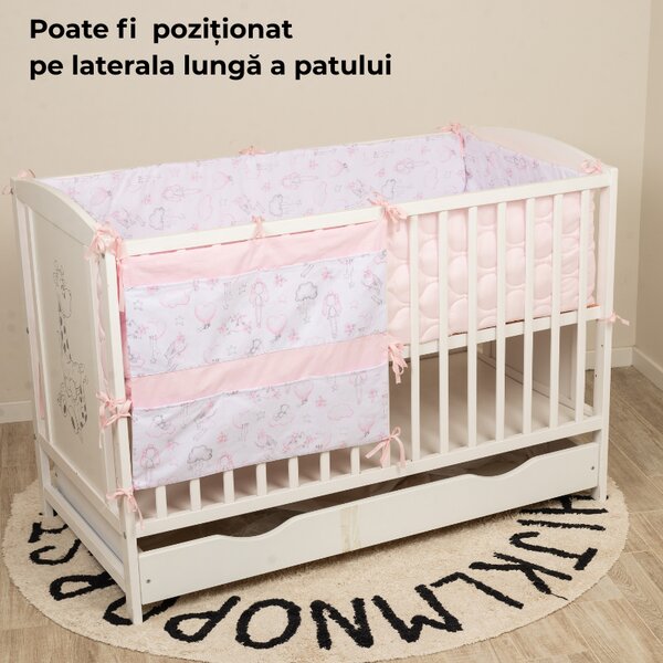 Organizator textil pentru patut bebe Kidizi Fiary Clouds 60x60 cm – 7 buzunare, montare pe laterala lunga sau scurta, bumbac 100% Oeko-Tex