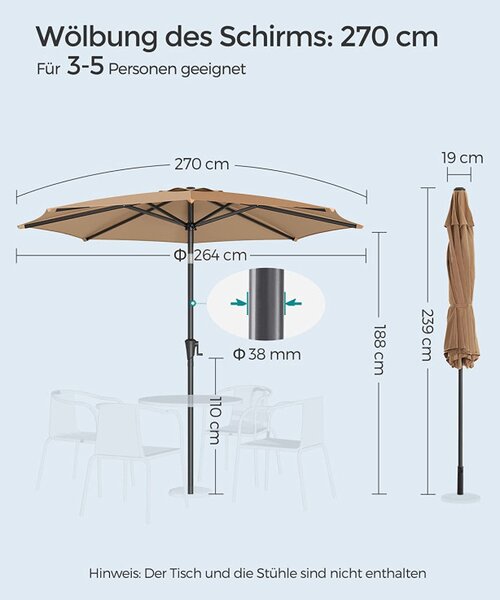 Umbrela de soare, Songmics, 2,7 m, UPF 50+, Camel