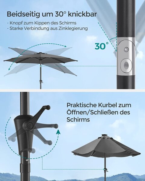 Umbrela de soare, Songmics, 30 grade, Led, UPF 50+, Gri
