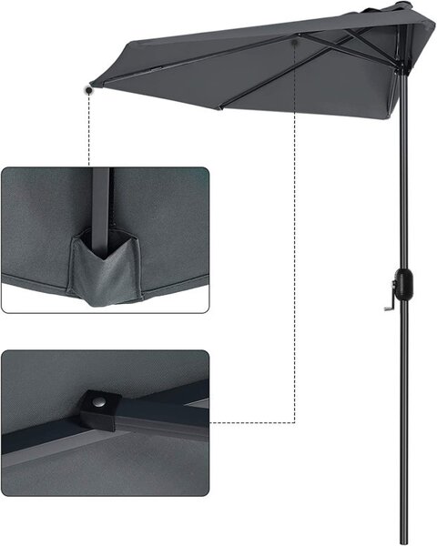 Umbrela de soare, Songmics, 2,7 m, Semicerc, UPF 50+, Gri