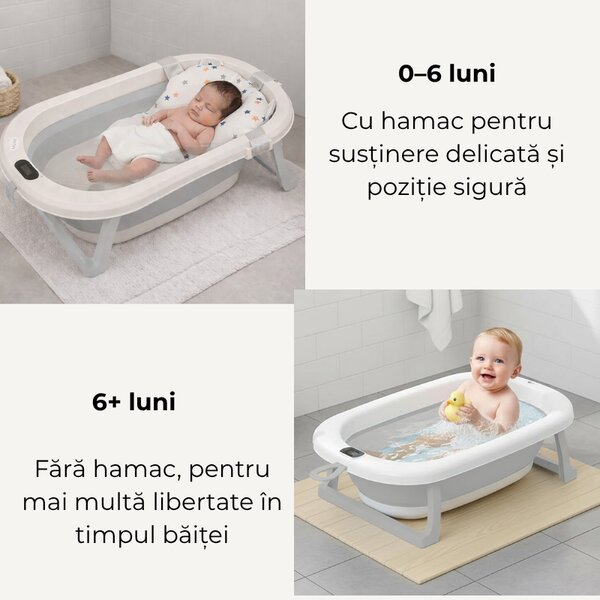 Cadita pliabila cu termometru electronic, hamac ajustabil,dop si stand pliabil Kidizi Folda grey, certificat EN71, include furtun scurgere si baza antialunecare, 0-24 luni
