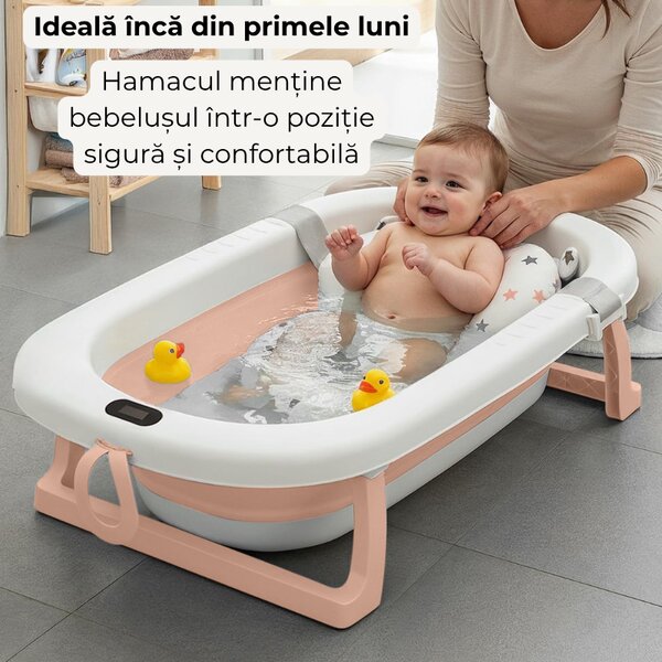 Cadita pliabila cu termometru electronic, hamac ajustabil,dop si stand pliabil Kidizi Folda roz certificat EN71, include furtun scurgere si baza antialunecare, 0-24 luni