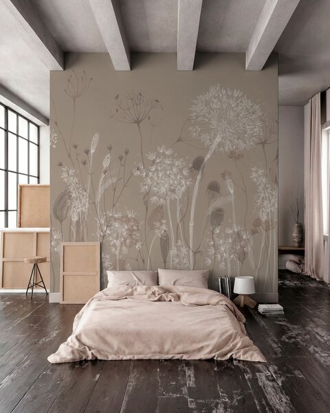 Tapet Model grațios cu păpădii delicate, plante și flori sălbatice în tonuri bej-gri, Fototapet Flori, w08637v2 : Uwalls.ro