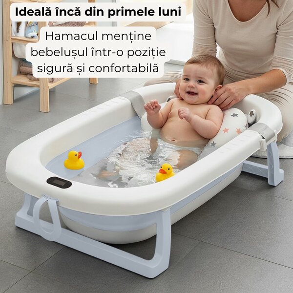 Cadita pliabila cu termometru electronic, hamac ajustabil si dop Kidizi Folda blue, certificat EN71, include furtun scurgere si baza antialunecare, 0-24 luni