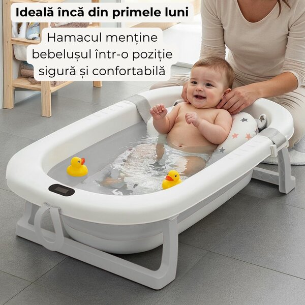 Cadita pliabila cu termometru electronic, hamac ajustabil,dop si stand pliabil Kidizi Folda grey, certificat EN71, include furtun scurgere si baza antialunecare, 0-24 luni