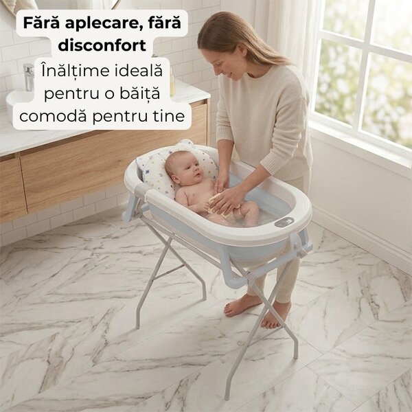 Cadita pliabila cu termometru electronic, hamac ajustabil,dop si stand pliabil Kidizi Folda grey, certificat EN71, include furtun scurgere si baza antialunecare, 0-24 luni