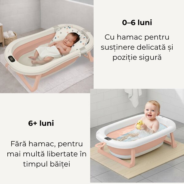 Cadita pliabila cu termometru electronic, hamac ajustabil,dop si stand pliabil Kidizi Folda roz certificat EN71, include furtun scurgere si baza antialunecare, 0-24 luni