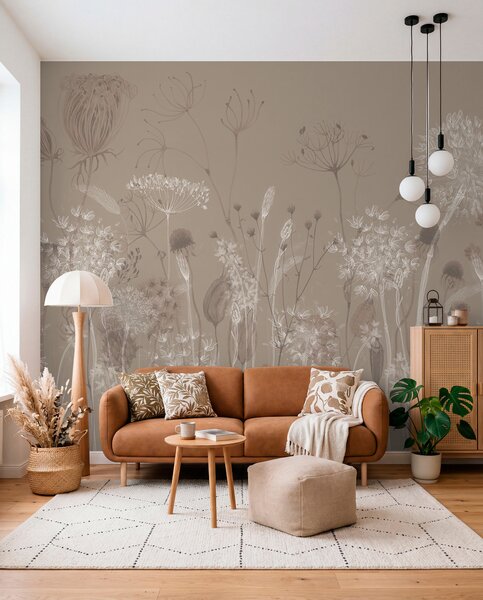 Tapet Model grațios cu păpădii delicate, plante și flori sălbatice în tonuri bej-gri, Fototapet Flori, w08637v2 : Uwalls.ro