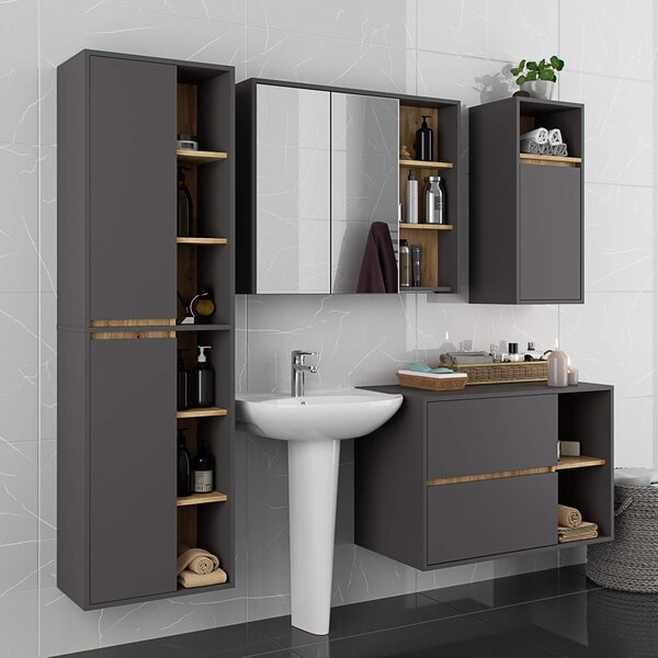 Dulap de baie Vambos W90 2D 3P LO (grafit + stejar artizanal) (cu oglindă). Promo -16%. 1152108