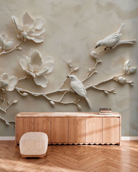 Tapet ramuri de magnolie 3D cu păsări pe ele, Fototapet Flori, w08690 : Uwalls.ro