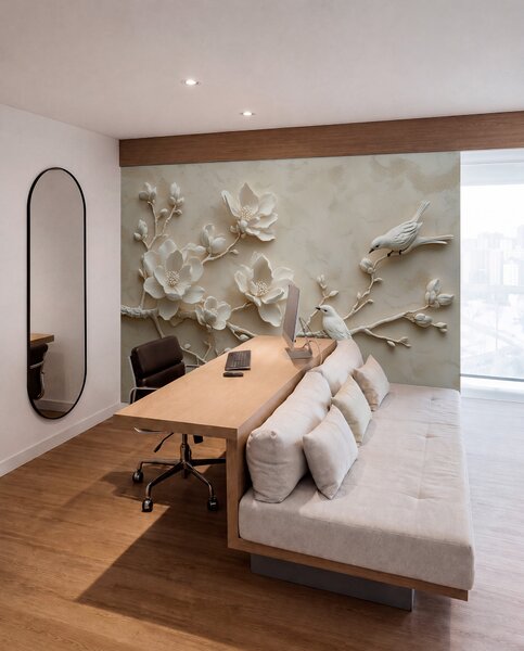 Tapet ramuri de magnolie 3D cu păsări pe ele, Fototapet Flori, w08690 : Uwalls.ro