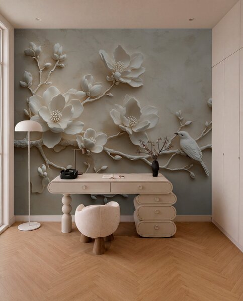 Tapet ramuri de magnolie 3D cu păsări pe ele, Fototapet Flori, w08690 : Uwalls.ro