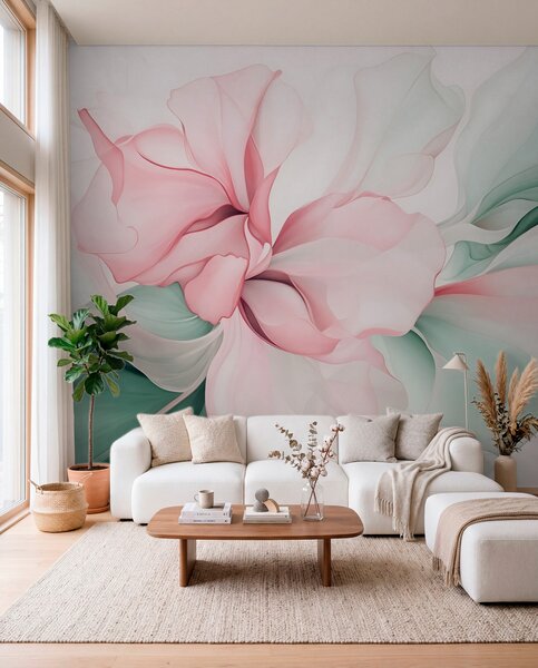 Tapet Flux de petale florale abstracte translucide și forme stratificate în culori pastelate, în nuanțe de, Fototapet Acuarelă, w08701v1 : Uwalls.ro